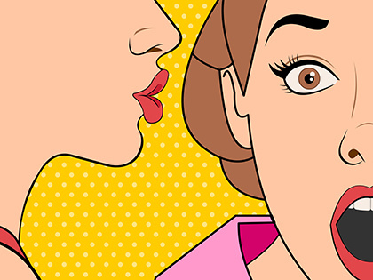Beautiful retro woman whispering a gossip to her surprised frien